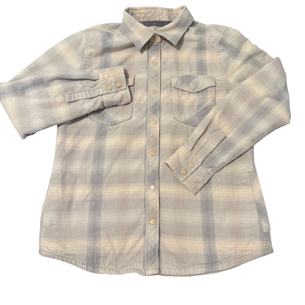 Prana Plaid Flannel Shirt Jacket Womens Size Medium Snap Button Organic Cotton - Picture 1 of 9